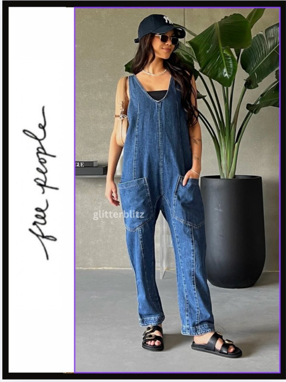 Free People We The Free High Roller Jumpsuit - Sapphire Blue Wash NEW Large